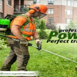 Professional landscaper using an SS GOLD petrol brush cutter to trim grass and weeds in a residential garden with precision and power.