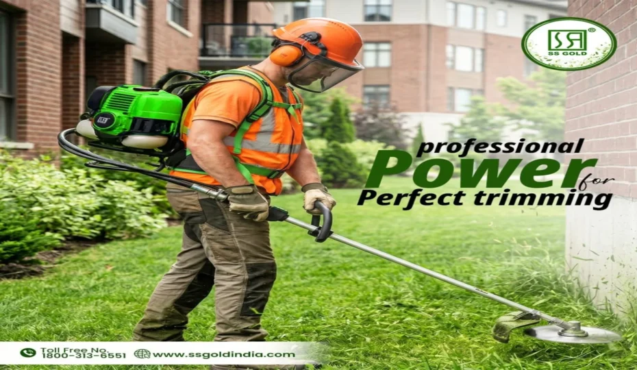 Professional landscaper using an SS GOLD petrol brush cutter to trim grass and weeds in a residential garden with precision and power.