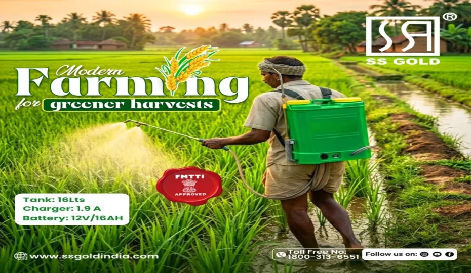 Indian farmer spraying pesticides in a green paddy field using an SS GOLD 16L battery sprayer for efficient crop protection and modern farming.