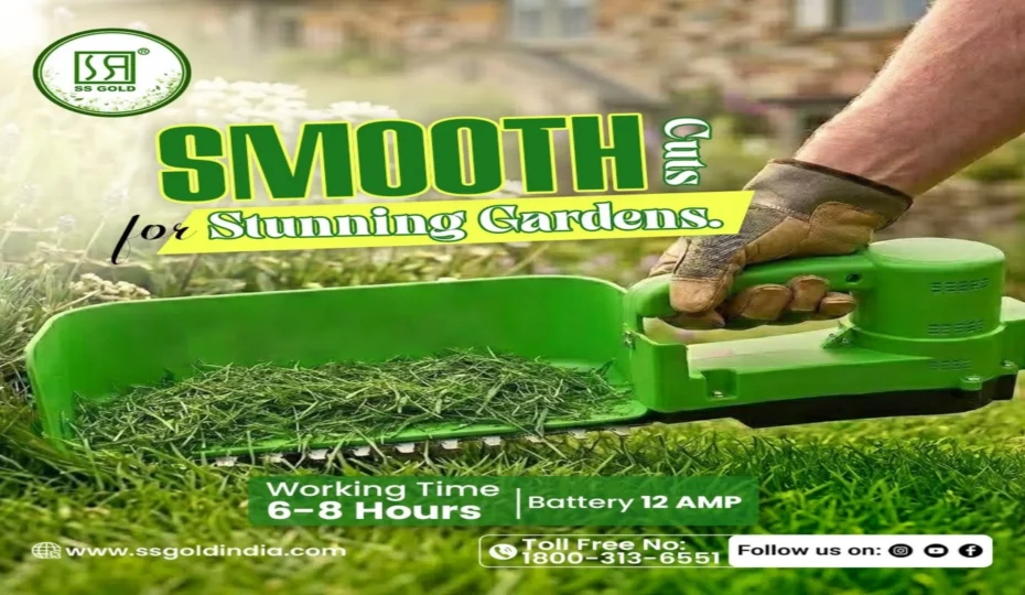 SS Gold cordless battery-operated grass cutter trimming lawn grass in a garden, featuring a 12 AMP battery and 6–8 hours of working time for efficient garden maintenance.