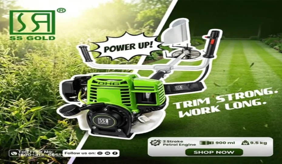 SS GOLD petrol brush cutter machine with a powerful 2-stroke engine, designed for efficient grass cutting, weed removal, and farm maintenance.