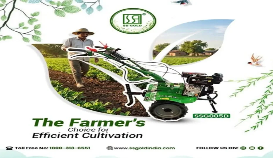 SS GOLD SSG005D Power Weeder being operated by a farmer in a cultivated agricultural field, showcasing efficient soil cultivation, weed control, and modern farming technology.
