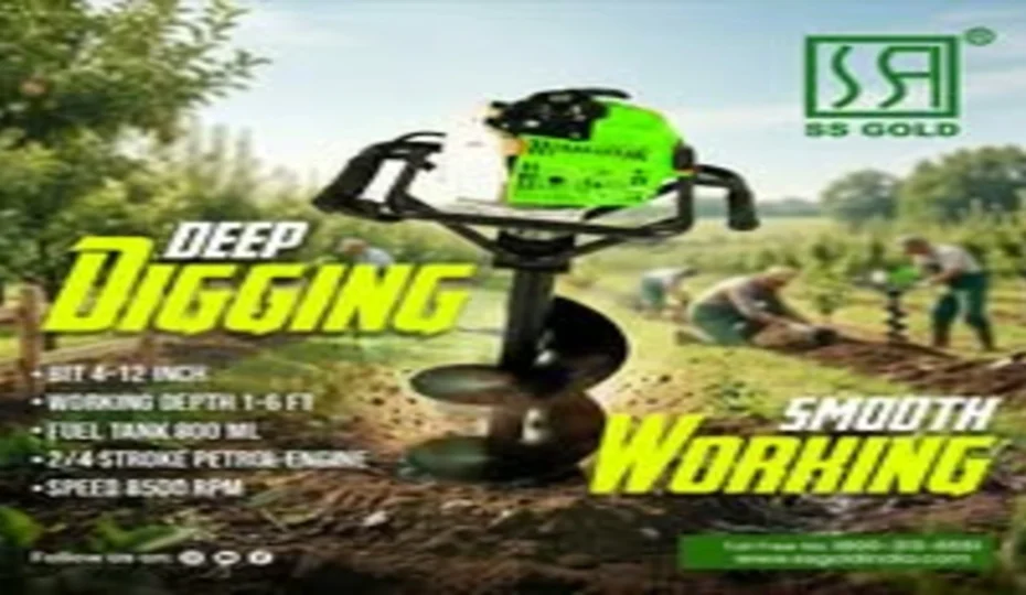 SS GOLD petrol earth auger machine drilling soil for plantation, fencing, and agricultural digging with farmers working in the background.