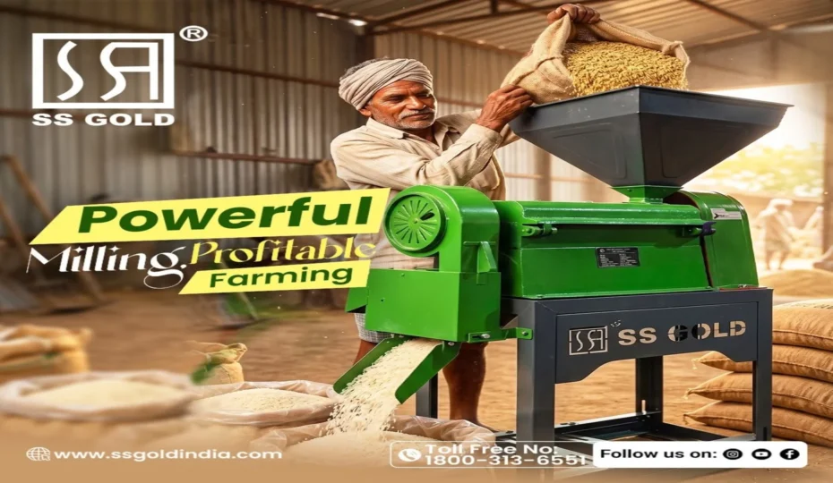 Farmer operating an SS GOLD rice mill machine to process harvested paddy into clean rice inside a modern agricultural warehouse, showcasing efficient rice milling and profitable farming.