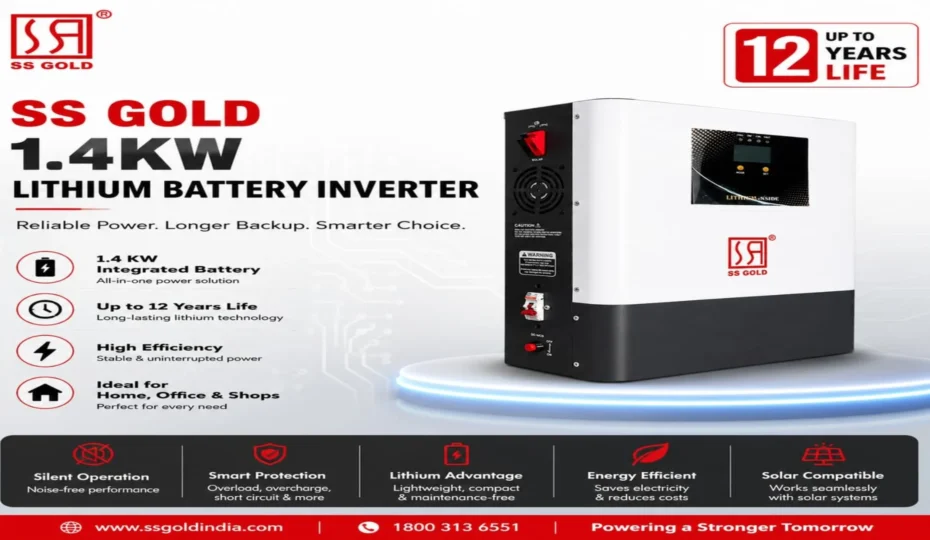 SS GOLD 1.4KW Lithium Inverter with integrated LiFePO4 battery, Pure Sine Wave output, solar charging support, and up to 12 years battery life for home, office, and shop power backup.