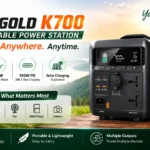 SS GOLD K700 portable power station featuring a 672Wh LiFePO4 battery, 700W pure sine wave AC output, USB-C PD fast charging, and solar charging support for home backup and outdoor use.
