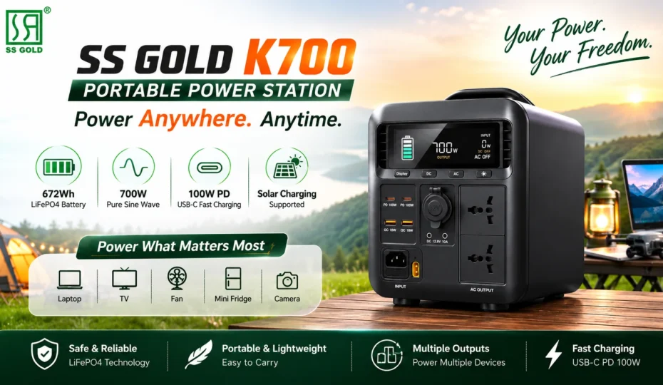 SS GOLD K700 portable power station featuring a 672Wh LiFePO4 battery, 700W pure sine wave AC output, USB-C PD fast charging, and solar charging support for home backup and outdoor use.
