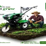 Farmer with the SS GOLD SSG005PGSF power weeder in a cultivated vegetable field, showcasing an easy-to-use agricultural machine for efficient soil cultivation and weed control.