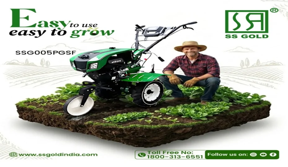 Farmer with the SS GOLD SSG005PGSF power weeder in a cultivated vegetable field, showcasing an easy-to-use agricultural machine for efficient soil cultivation and weed control.