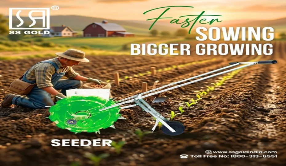 SS GOLD manual seeder machine helping a farmer achieve faster and more precise seed sowing for improved crop growth and higher agricultural productivity.