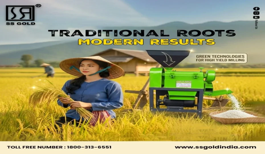 SS GOLD modern rice milling machine processing paddy into high-quality rice, helping farmers improve productivity with advanced agricultural technology.
