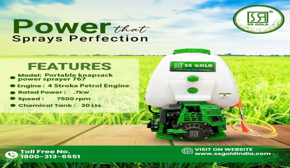 SS GOLD Portable Knapsack Power Sprayer 767 with a 4-stroke petrol engine and 20-litre chemical tank for efficient agricultural crop spraying.