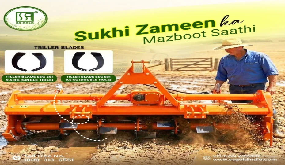 SS GOLD heavy-duty rotary tiller with SSG 581 single-hole and double-hole tiller blades preparing farmland for efficient soil cultivation and seedbed preparation.