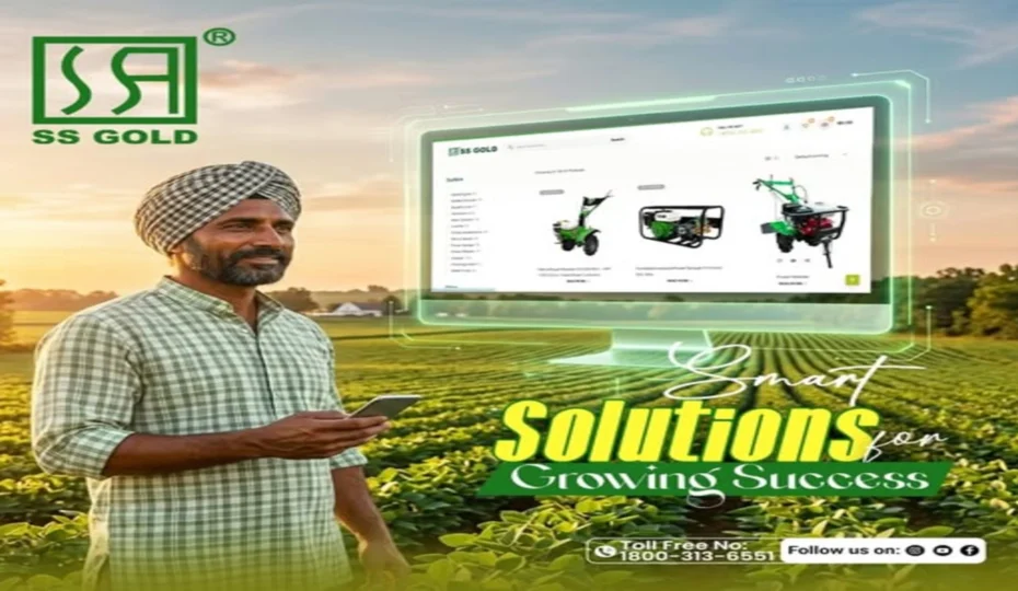 Farmer using a smartphone to browse SS GOLD agricultural machinery online, showcasing smart agricultural solutions for modern farming.