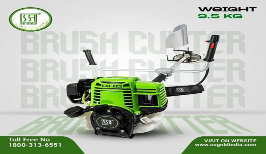 SS GOLD green petrol brush cutter designed for efficient grass cutting, weed removal, and agricultural landscaping with a lightweight 9.5 kg design.