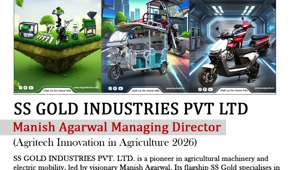News Economic India featuring SS GOLD Industries Pvt. Ltd., showcasing its SS GOLD agricultural machinery, BULOCK electric rickshaws, and EV SPORTS electric scooters under the Corporate Connect section.