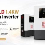 Promotional banner for the SS GOLD 1.4KW Lithium Inverter featuring two product views, headline text, and key benefits including integrated LiFePO4 battery, up to 12 years battery life, pure sine wave output, solar charging support, fast charging, and home, office, and shop backup.