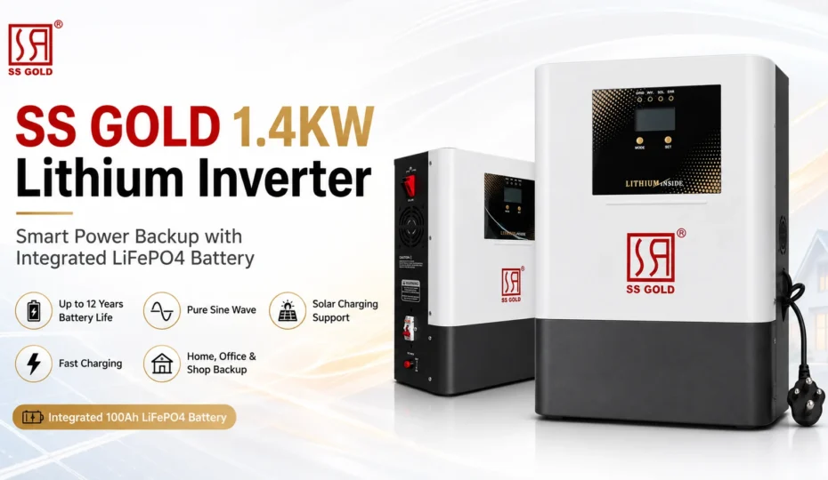 Promotional banner for the SS GOLD 1.4KW Lithium Inverter featuring two product views, headline text, and key benefits including integrated LiFePO4 battery, up to 12 years battery life, pure sine wave output, solar charging support, fast charging, and home, office, and shop backup.