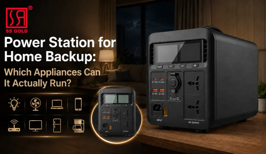 Portable power station for home backup powering essential appliances including fan, laptop, Wi-Fi router and LED lights