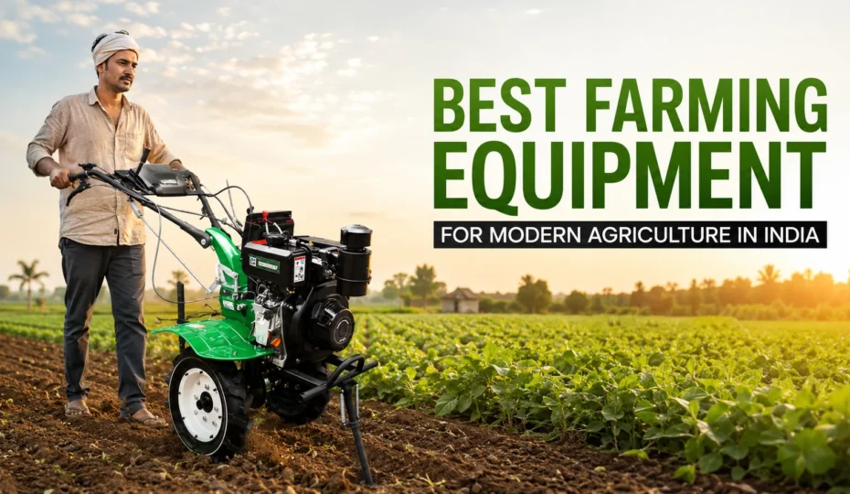 Best farming equipment for modern agriculture in India with an Indian farmer using a power tiller in a field