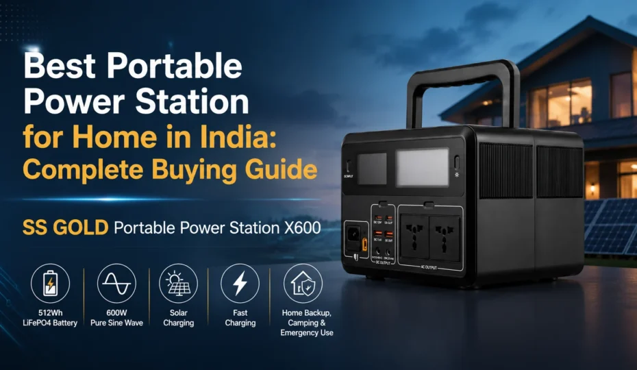 Best Portable Power Station for Home in India banner featuring SS GOLD Portable Power Station X600 with 512Wh LiFePO4 battery and 600W pure sine wave output