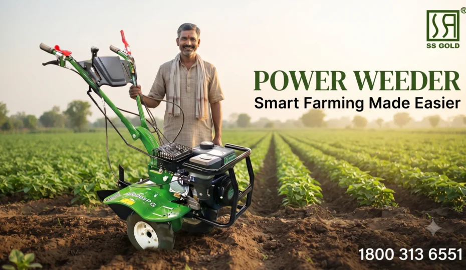 Indian farmer using a Power Weeder for agricultural field work