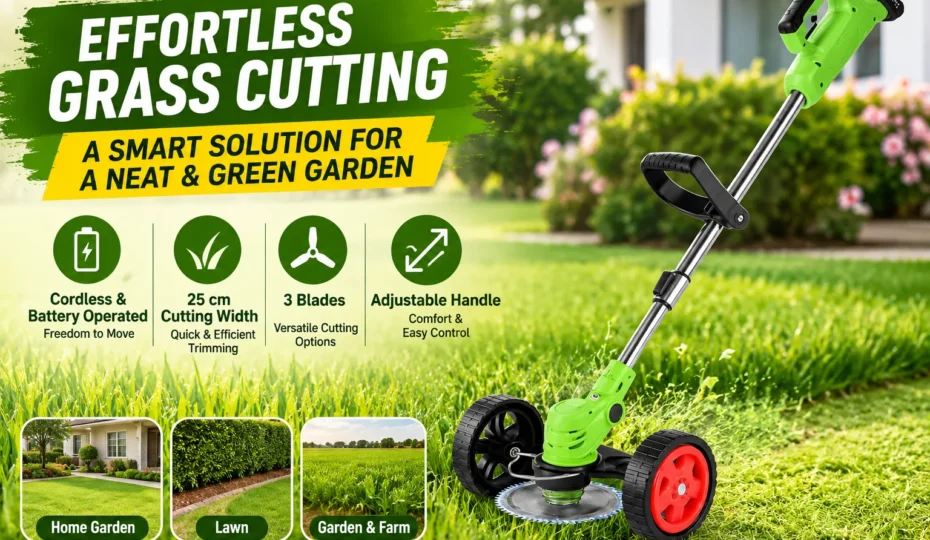 SS GOLD battery operated grass cutter with 25cm cutting width, adjustable handle and cordless design for lawn, garden and farm use