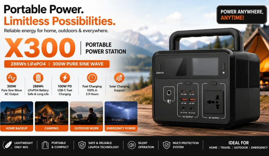 SS GOLD X300 Portable Power Station with 288Wh LiFePO4 battery, 300W pure sine wave output, USB-C fast charging, solar charging support, ideal for camping, home backup, outdoor and emergency power.