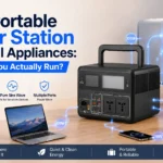 Portable power station running small appliances including a laptop, mini fridge, fan, coffee maker, smartphone, and LED light.