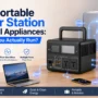 Portable power station running small appliances including a laptop, mini fridge, fan, coffee maker, smartphone, and LED light.