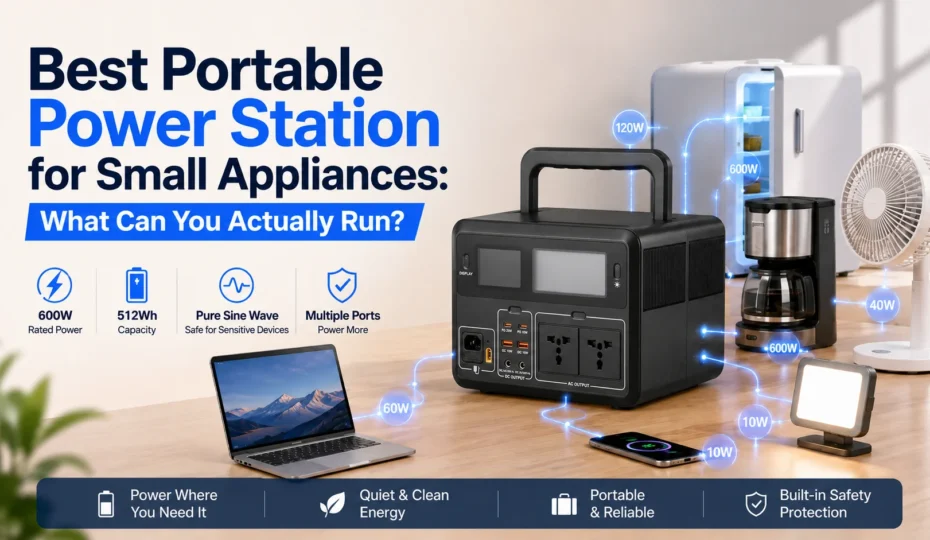Portable power station running small appliances including a laptop, mini fridge, fan, coffee maker, smartphone, and LED light.